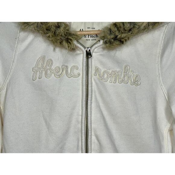 Abercrombie & Fitch Cream Tan Faux Fur Sherpa Hoodie Sweatshirt Jacket Womens L - Picture 5 of 10